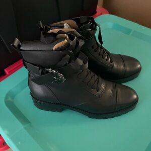 Michael Kors Black Leather Lace-Up Ankle Boots with Stud Accent